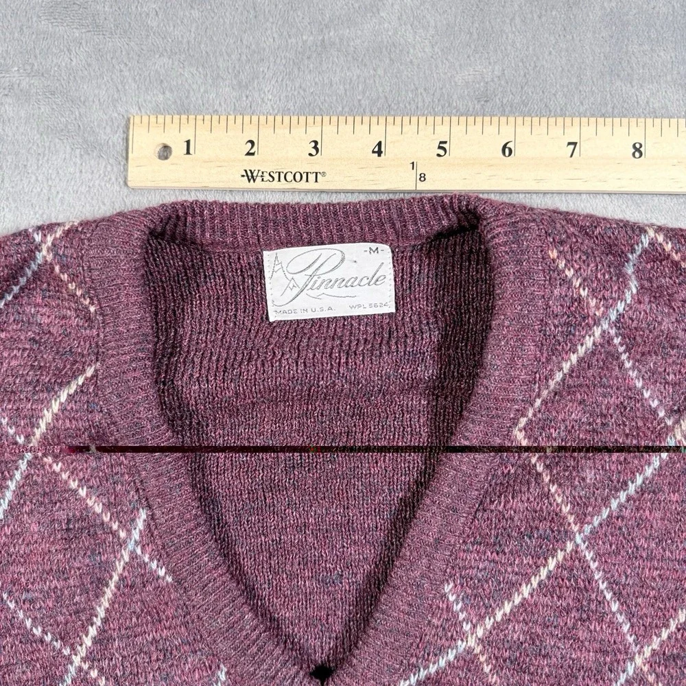 Vintage Pinnacle Mens M Argyle V Neck Sweater Purple Knit Grandpa Core USA Made